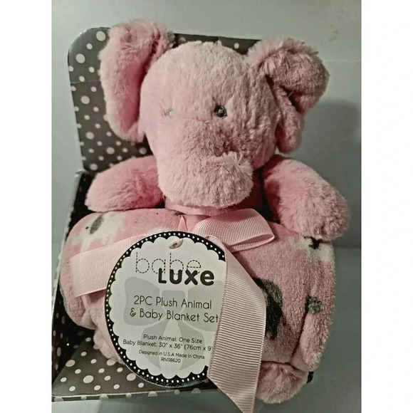 Babe Lux Plush Animal Elephant and Baby Blanket Set Pink and White New - Picture 2 of 6